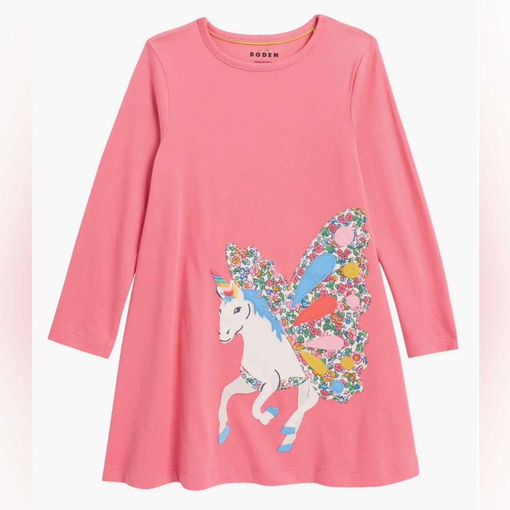 Mini Boden Pink Long Sleeve Pegasus Dress Girls Size 7-8